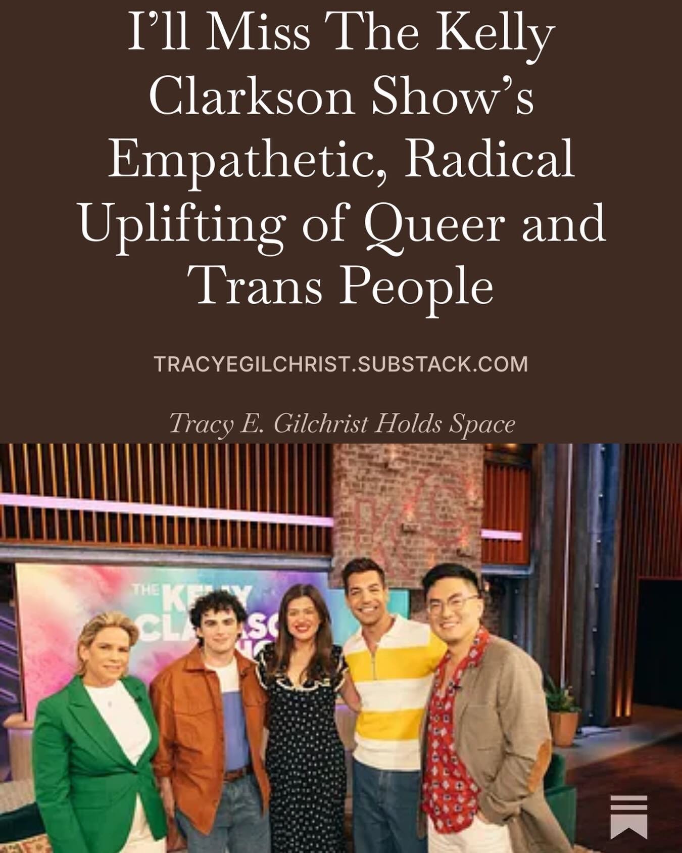 Kellyoke, competitive games, driving sapphics into a frenzy! I’ll miss so much about @kellyclarksonshow. 

Most of all, I’ll miss how @kellyclarkson has uplifted queer and trans people by making space for us to tell our stories with heart and dignity. I was lucky enough to witness it up close when the show featured a segment about @itgetsbetter. 

Thank you, @caragh_complete, for your friendship and for making this happen. @morrisonmediagroup and @rosswilliamvon, thank you for the laughs and support in the green room and otherwise. 

Please read the full story in my Substack. 🔗 in BIO. #kellyclarksonshow #lgbtq